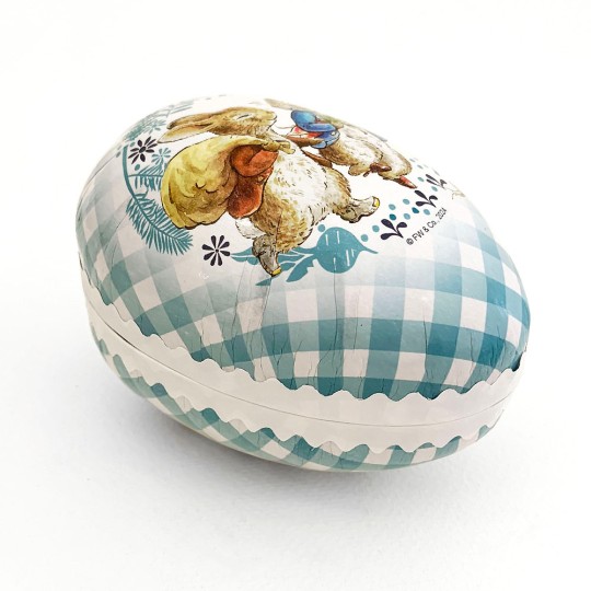 4-1/2" Peter Rabbit and Friend Blue Gingham Papier Mache Easter Egg Container ~ Germany